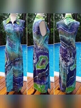 Blue & Green Geode Ice Dye Tie Dye Sleeveless Button Up Collared Dress~Sz S